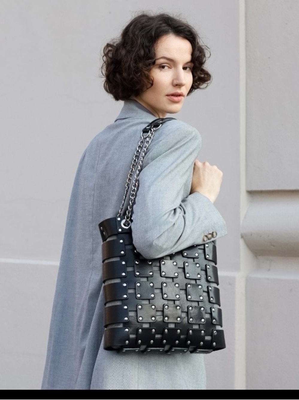 Time Resistance Jeanne d'Arc Leather Shoulder Strap Bag Tote Black with Duster